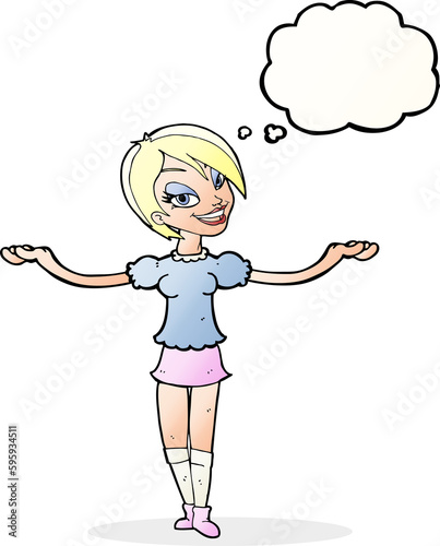 cartoon woman making open arm gesture with thought bubble