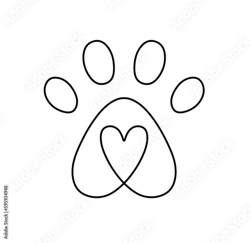 Vector isolated one single paw print with heart inside  colorless black and white contour line easy drawing