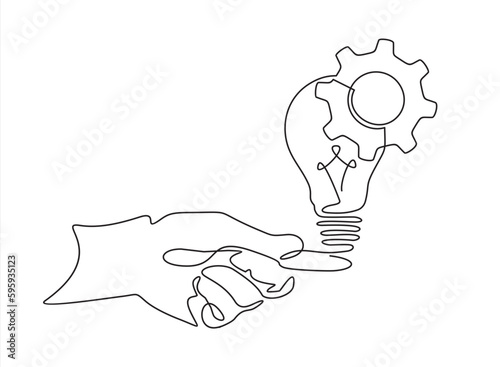 continuous line drawing of human hands holding light bulb with gear, One line art concept of smart idea innovation. Vector illustration