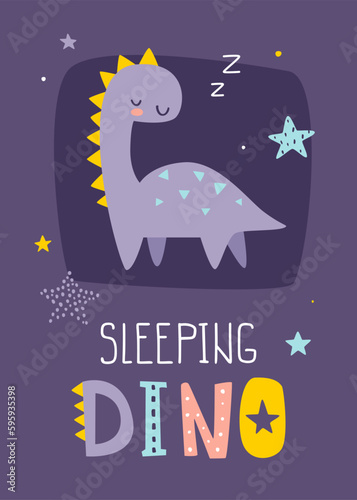 Cute poster with sleeping dino for kids bedroom. Scandinavian print with dreaming diplodocus dinosaur.