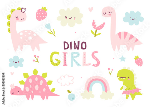 Cute girly dino set. Naive pink dinosaurs collection for baby girls. Abstract vector dino girls.