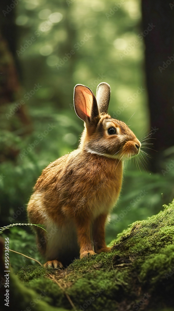 Fototapeta premium Illustration of a rabbit in a forest scene. Created with Generative AI technology.