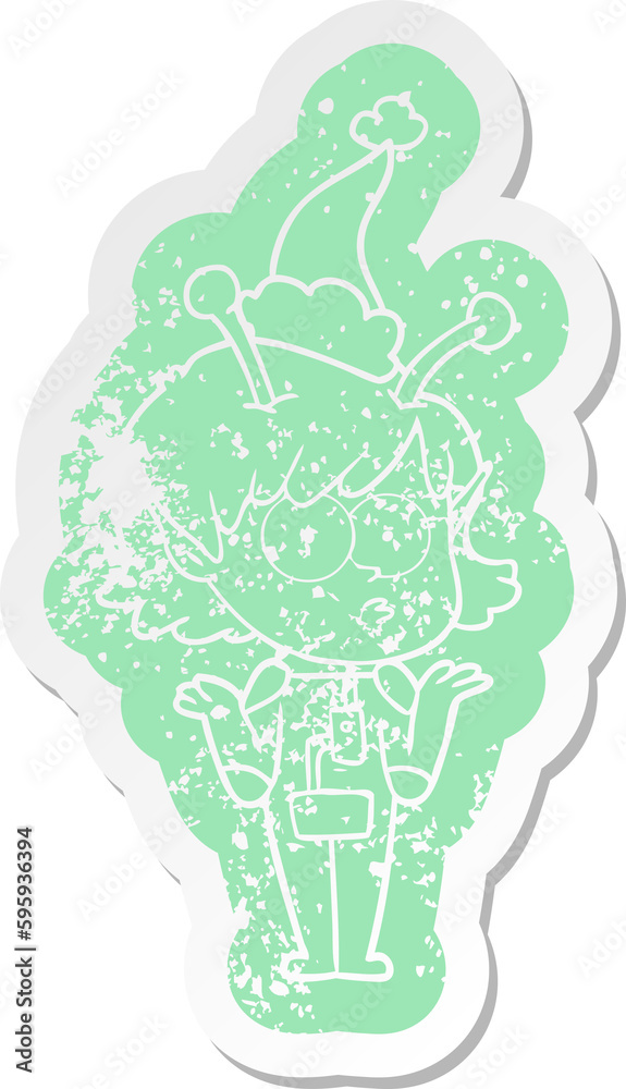 Obraz premium quirky cartoon distressed sticker of a alien girl wearing santa hat