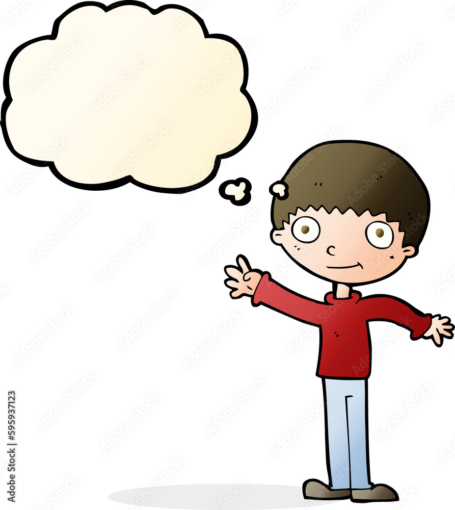 cartoon happy waving boy with thought bubble cartoon happy waving boy with thought bubble