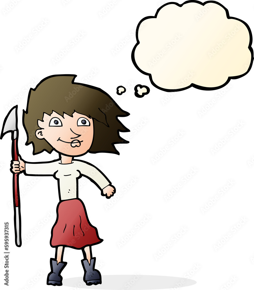 cartoon woman with spear with thought bubble cartoon woman with spear with thought bubble