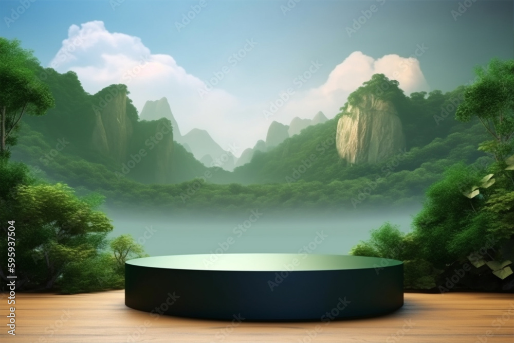 Display podium for product presentation in front of a nature landscape with generative ai 