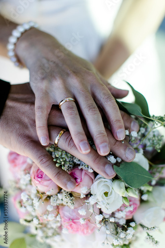 Hände eines Brautpaars mit Eheringen 