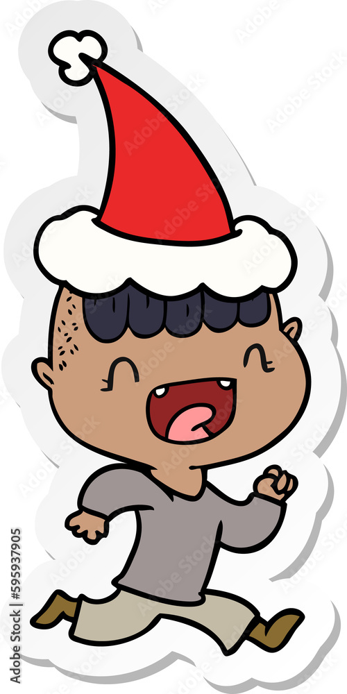 hand drawn sticker cartoon of a happy boy laughing and running away wearing santa hat hand drawn sticker cartoon of a happy boy laughing and running away wearing santa hat
