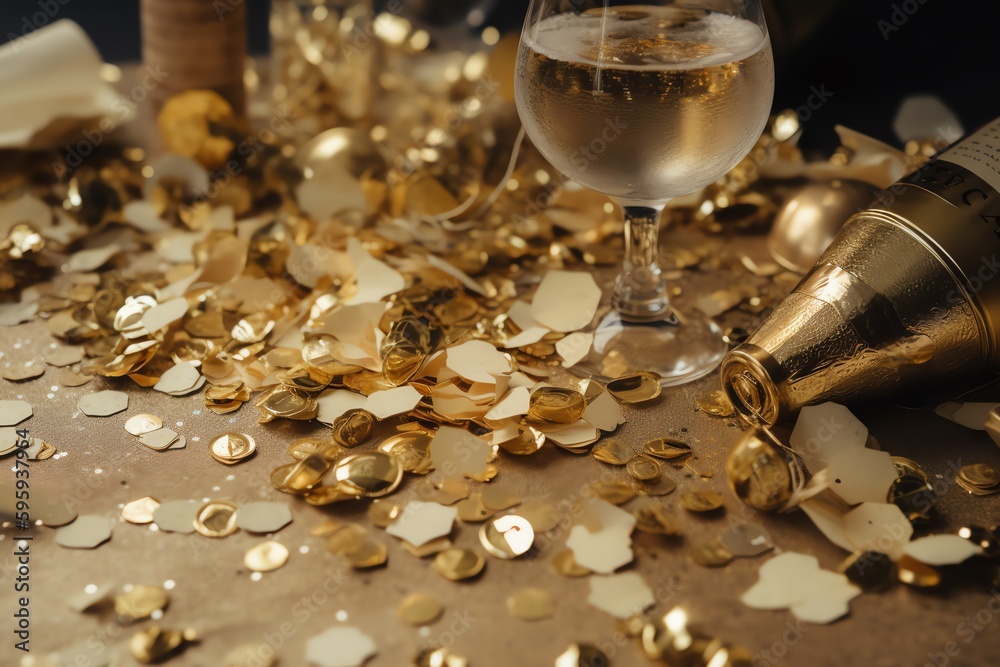 Golden Holiday Party With Champagne, Confetti And New Years Eve Vibes. Generative AI Golden Holiday Party With Champagne, Confetti And New Years Eve Vibes. Generative AI