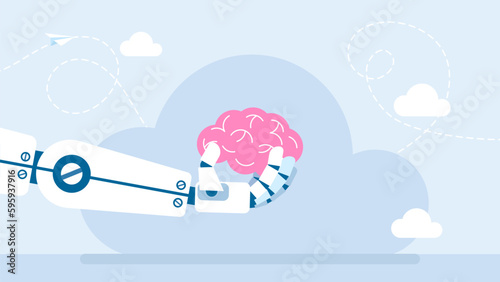 The impact of modern technologies on human thinking. Robot`s hand holds the human brain. Support healthy brain concept. Machine learning or artificial intelligence technology. Vector illustration