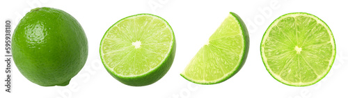 Natural fresh lime, slice and half isolated, transparent png, PNG format, cut-out