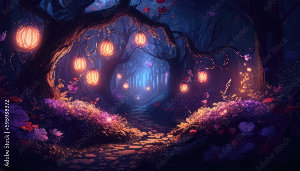 Fototapeta premium Fairy tale forest at night with glowing lights. Generative AI