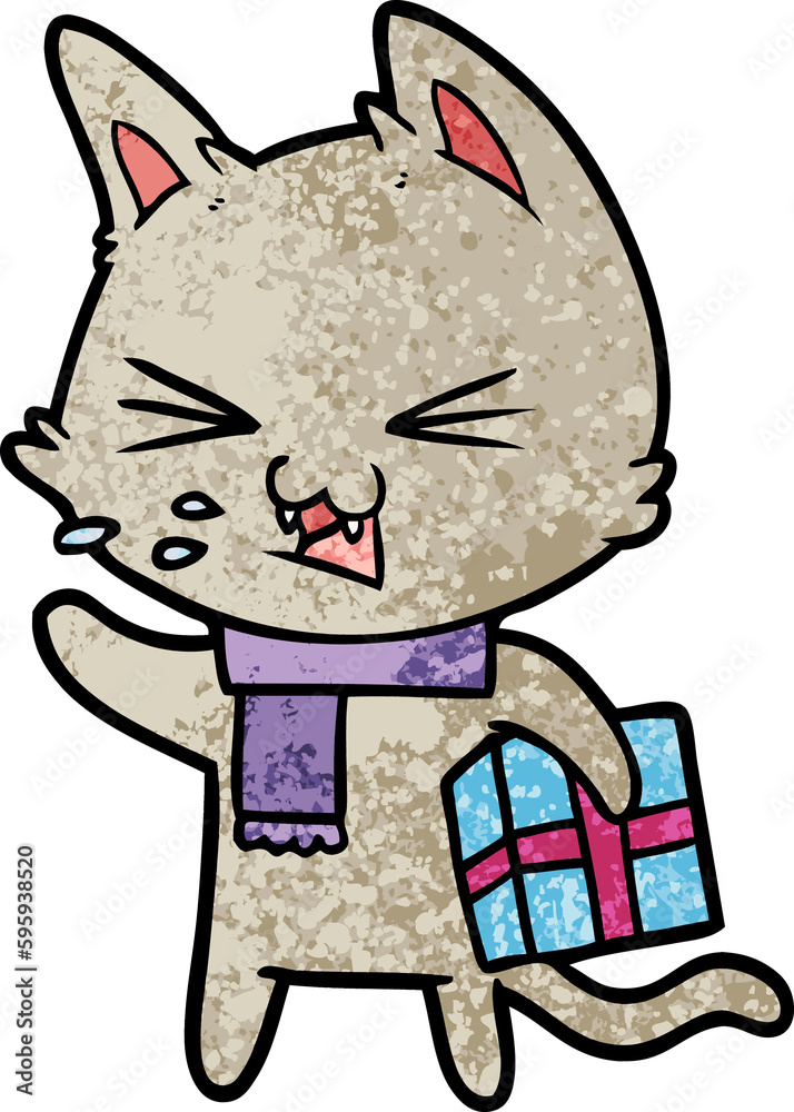 cartoon hissing cat with christmas present