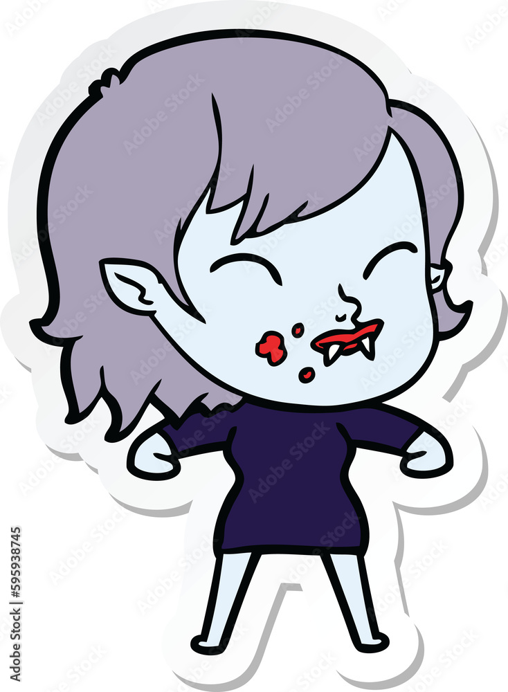 sticker of a cartoon vampire girl with blood on cheek sticker of a cartoon vampire girl with blood on cheek