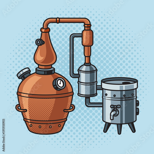 alcohol machine whiskey still pinup pop art retro raster illustration. Comic book style imitation.