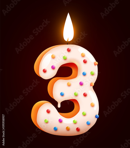 Birthday cake font number 3 with candle. Three year anniversary. Tasty collection.