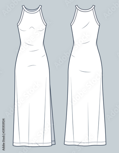 Straps Tank Top Dress technical fashion illustration. Women's Maxi Dress technical drawing template, crew neckline, side slit,  front and back view, white color, ribbed, women CAD mockup.
