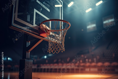 basketball hoop in a stadium, scenic lighting, generative ai