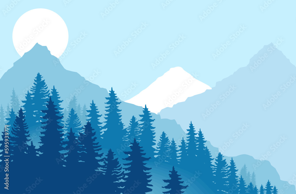 Fototapeta premium Mountains forest. Vector template background for poster, book cover, banner, flyer and header webpage