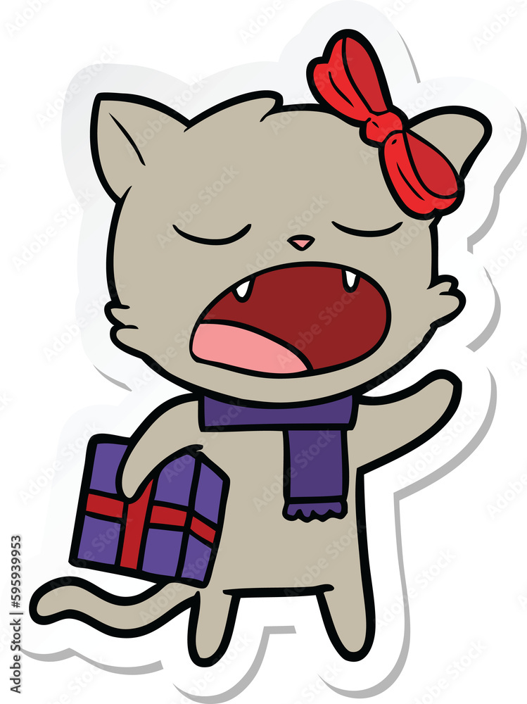 sticker of a cartoon cat with christmas present