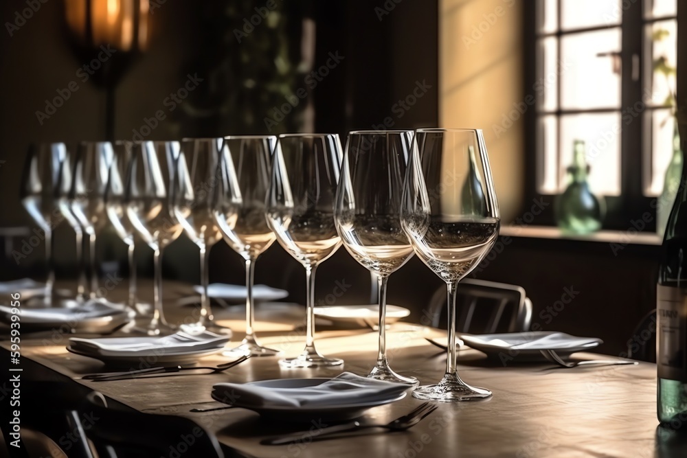 Table With Champagne Or White Wine Glasses In Restaurant. Generative AI Table With Champagne Or White Wine Glasses In Restaurant. Generative AI