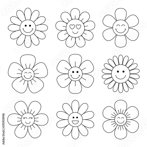 Cute funny groovy flowers collection in linear style. Smiling head face outline with petals. Vector illustration