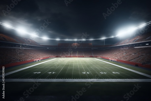 Nighttime stadium lights and 3D football rendering. Generative AI