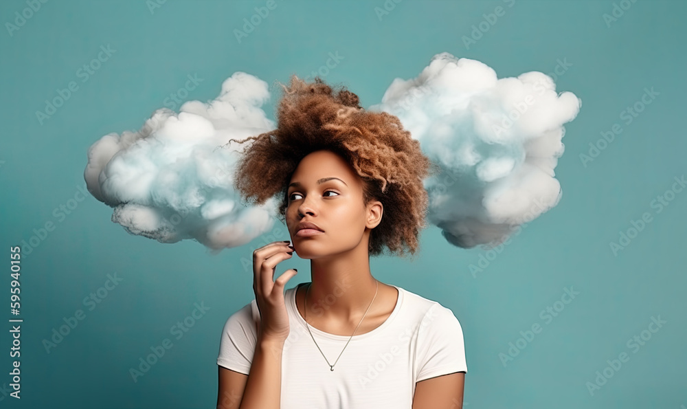 Woman having head in the clouds on blue background created with Generative AI.