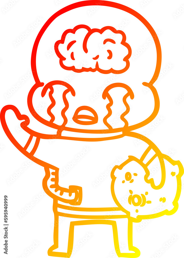 warm gradient line drawing of a cartoon big brain alien crying and waving goodbye warm gradient line drawing of a cartoon big brain alien crying and waving goodbye