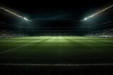 Spotlit empty green grass in the middle of a grand football stadium. Generative AI