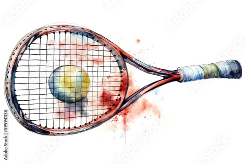 A white background with a tennis racquet sketch in watercolor. Generative AI © Pixel Matrix
