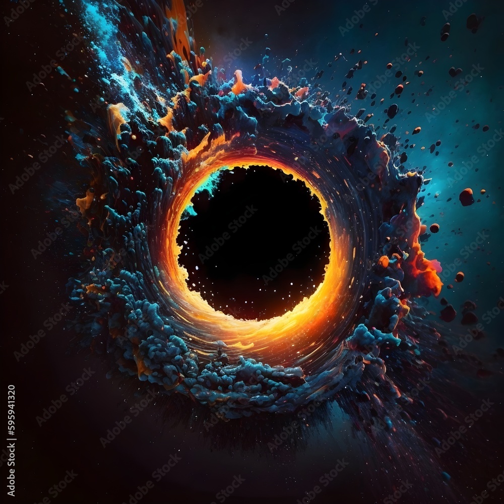 Concept of an black hole surrounded by an neon dust explosion - obrazy, fototapety, plakaty 