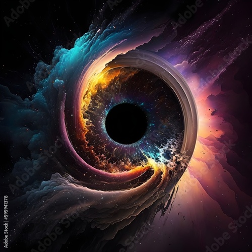 Concept of an black hole surrounded by an neon dust explosion
