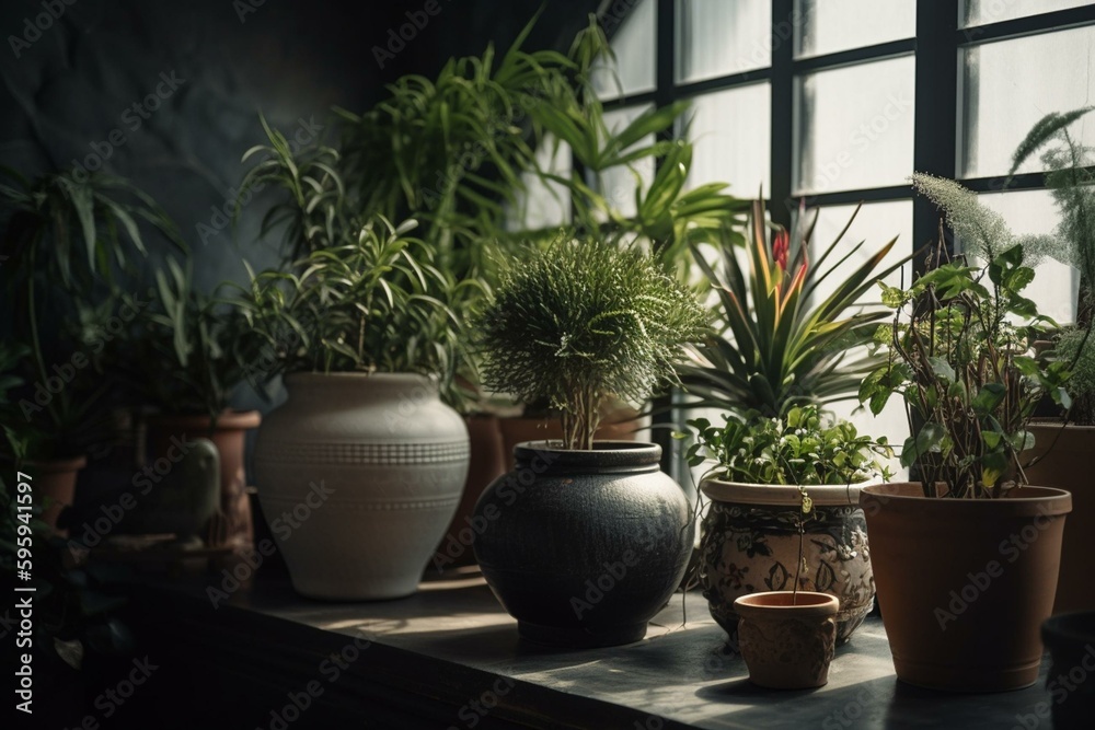 Stylish home garden interior with beautiful plants in various pots. Copy space. Home gardening concept. Generative AI