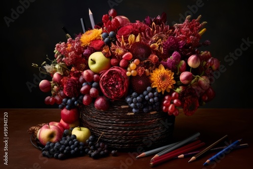 A basket tipped precariously on its side, spilling out an avalanche of red and black fruits, colored pencils, blooming flowers in complementary hues. Generative AI