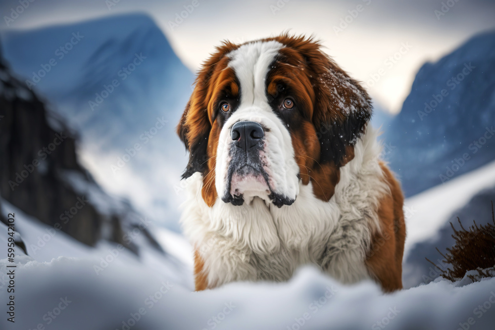 A Saint Bernard dog on the snow. Ai generated.