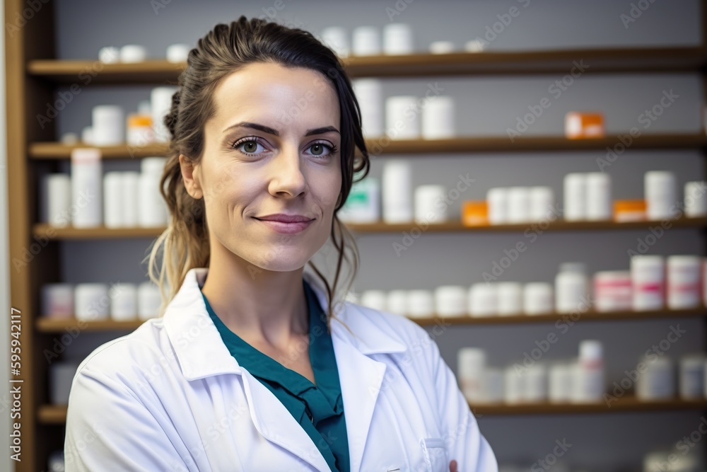 A female pharmacist poses serenely and formally in her pharmacy. Ai generated.
