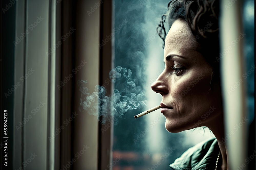 Fototapeta premium A thin woman with a tired face smokes a cigarette, in profile at night. Ai generated