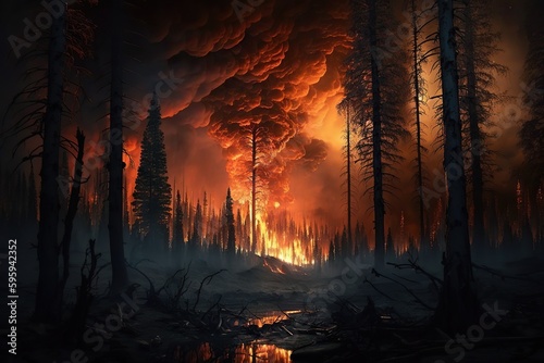 Flames in a night forest fire. Ai generated.