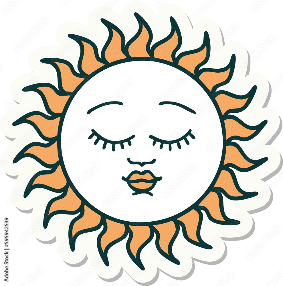 sticker of tattoo in traditional style of a sun with face