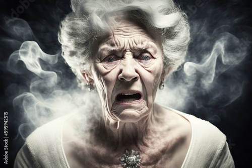 Portrait of an old woman with gestures of pain and distress at her menopause. Ai generated.