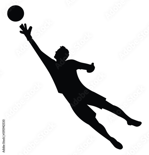 Football goalkeeper silhouette jumping and catching the ball