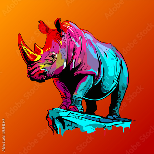 Colored vector  inked style rhinoceros wall art