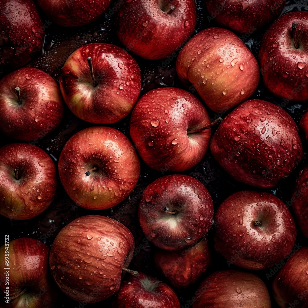 Top down view of fresh apples with waterdrops. AI Generative Art. Top down view of fresh apples with waterdrops. AI Generative Art.