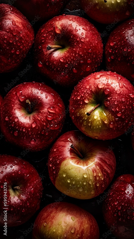 Top down view of fresh apples with waterdrops. AI Generative Art. Top down view of fresh apples with waterdrops. AI Generative Art.