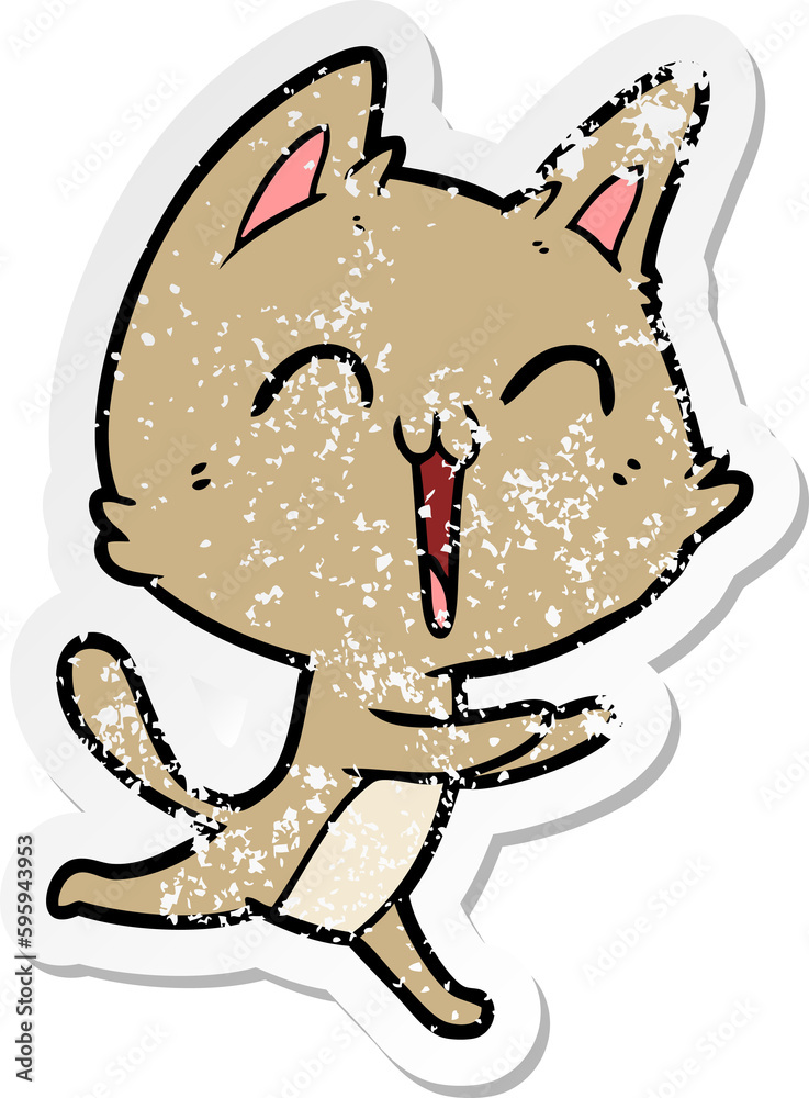 distressed sticker of a happy cartoon cat meowing distressed sticker of a happy cartoon cat meowing