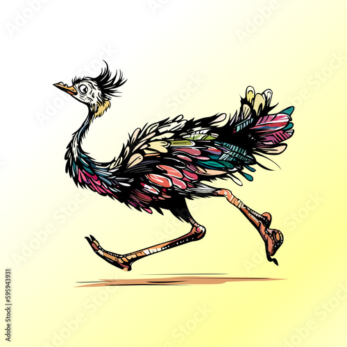 Colored vector  inked style ostrich wall art