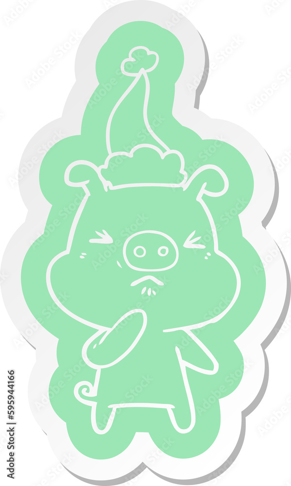 quirky cartoon sticker of a angry pig wearing santa hat quirky cartoon sticker of a angry pig wearing santa hat