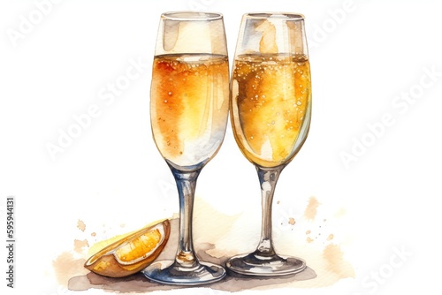 Watercolor Illustration Of Two Glasses Of Champagne, Isolated On White. Generative AI