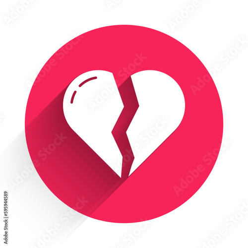 White Broken heart or divorce icon isolated with long shadow. Love symbol. Valentines day. Red circle button. Vector